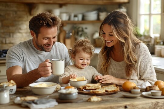 Una familia disfrutando del desayuno con tostadas, mermelada y caf&eacute; en un ambiente c&aacute;lido y acogedor. 