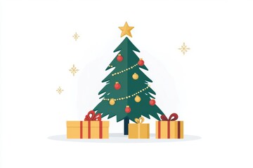 Obraz premium Christmas tree decorated with gold ornaments and gifts at the base set against a clean white background representing festive joy holiday traditions and minimalist seasonal beauty