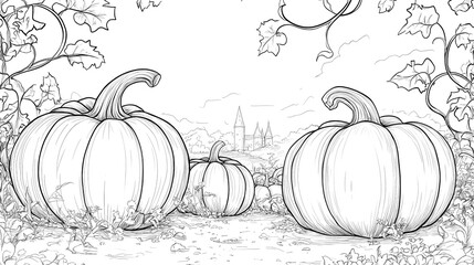 Hand-drawn ink-style illustration of a pumpkin patch.
