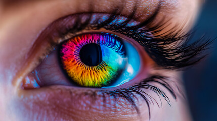 Fototapeta premium Macro close-up of a woman's eye with a rainbow-colored iris and long eyelashes.