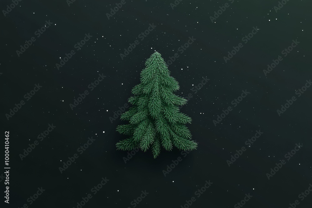 Poster minimalist green christmas tree on a dark background with subtle snowflakes representing simple wint