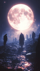 Fototapeta premium Silhouettes of figures walk under a large pink moon in a surreal landscape.