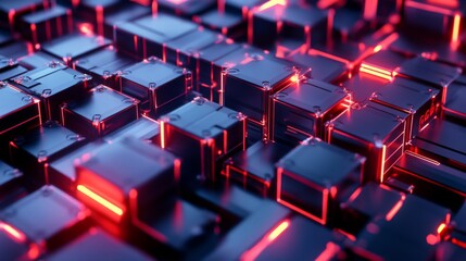 Fototapeta premium Futuristic Neon Grid with Glowing Pink and Blue Geometric Shapes in Abstract Digital Background.