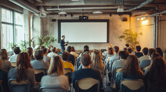 Sizable assembly of experts gathers in a lecture hall to attend a corporate seminar