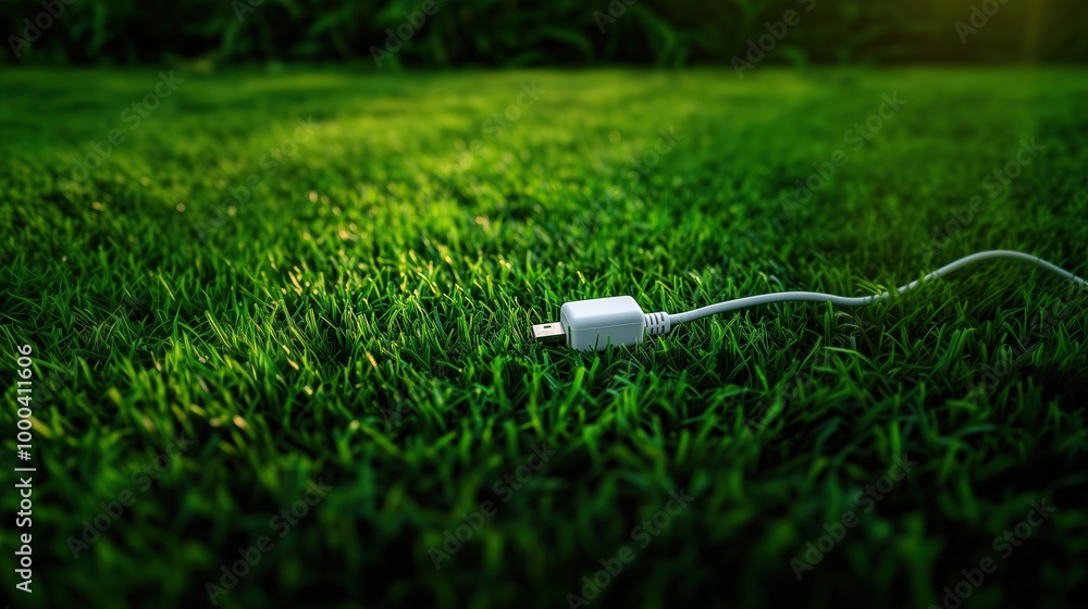 Poster a white charging plug lying on green grass