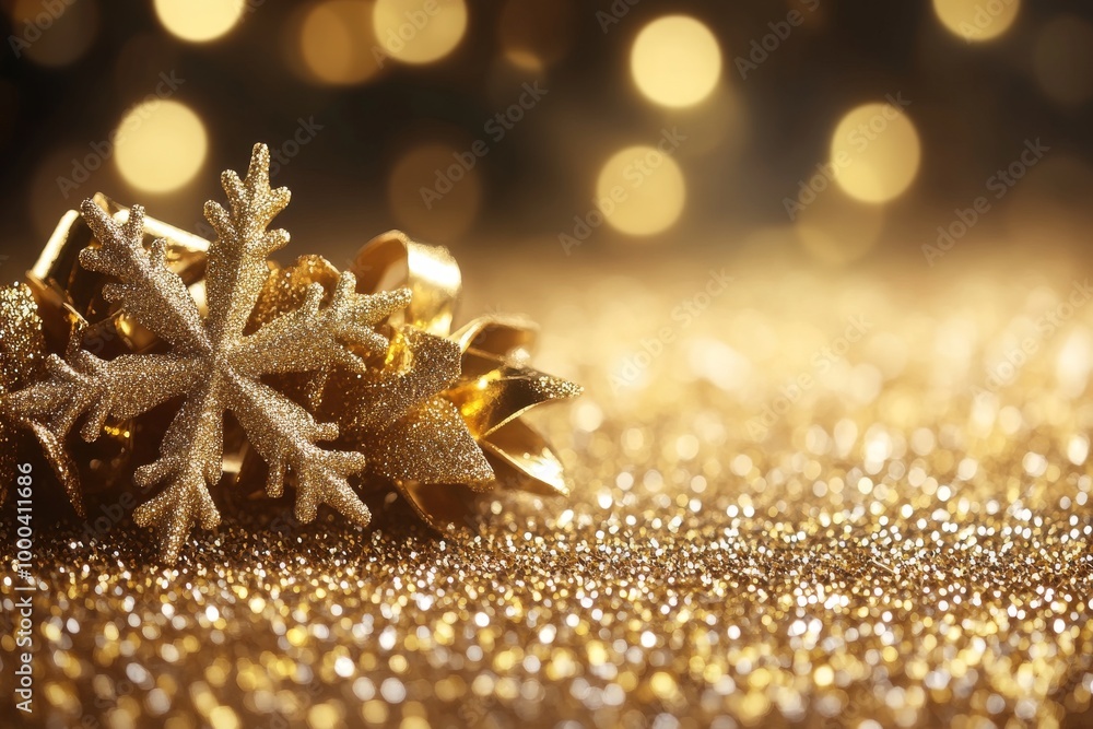 Poster glittering gold snowflakes resting on a soft glowing surface with bokeh lights in the background evo