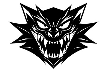 Simple, symmetrical black vector of a menacing monster face with sharp features and angry eyes, perfect for logos or Halloween designs.