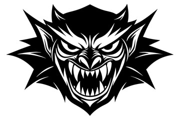 Simple, symmetrical black vector of a menacing monster face with sharp features and angry eyes, perfect for logos or Halloween designs.