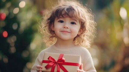 Small cute child holding present gift box with red ribbon