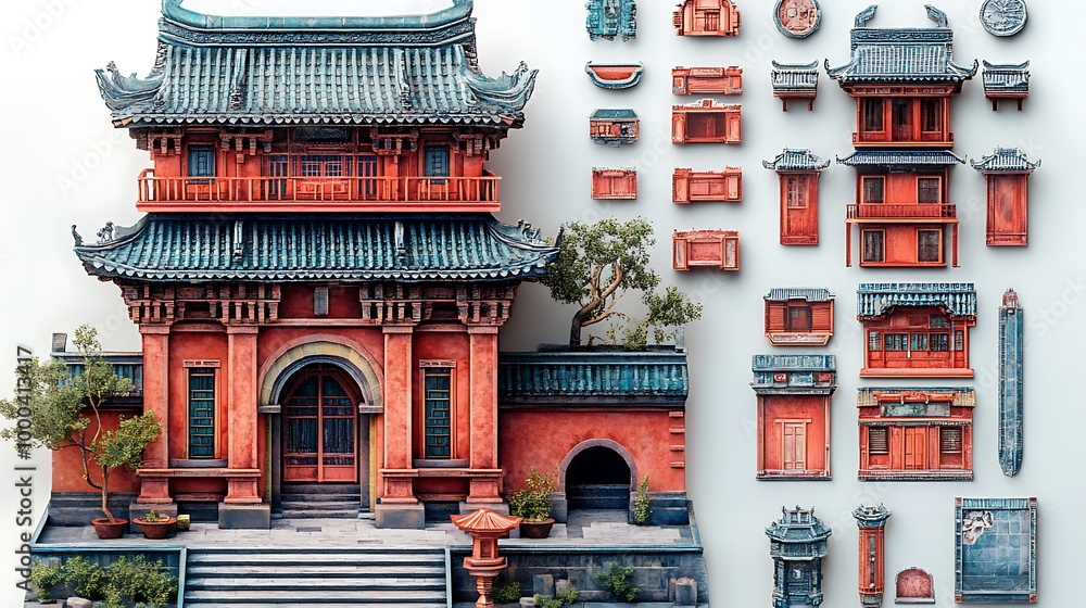 Poster chinese architecture, traditional building with separate elements for design