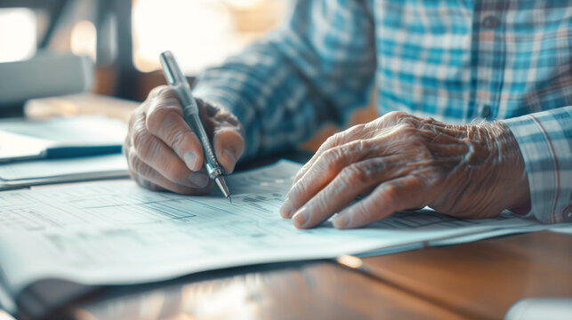 Elderly man signing documents