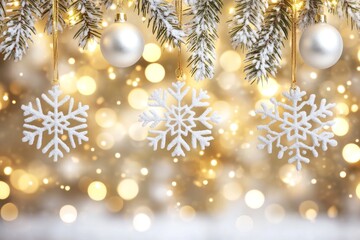 Soft gold and white snowflakes hanging from pine branches with glowing bokeh lights representing elegant winter decor festive seasonal beauty and holiday celebration
