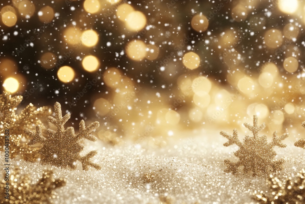 Aufkleber golden and white snowflakes resting on a sparkling surface with soft bokeh lights representing peace
