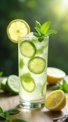 Fototapeta premium Mojito cocktail with lime and mint served in a glass, featuring ice and a refreshing green color, perfect for summer enjoymentMojito cocktail with lime and mint served in a glass, featuring ice 