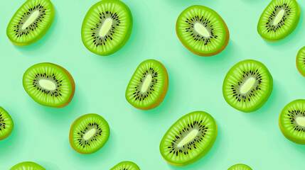 Fototapeta premium Seamless pattern featuring kiwi fruit on a pastel green background.