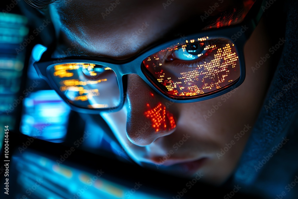 Leinwandbilder Detailed image of a hackerâ€™s face lit by multiple computer screens, showing intense focus and the reflection of code and encrypted data in their eyes