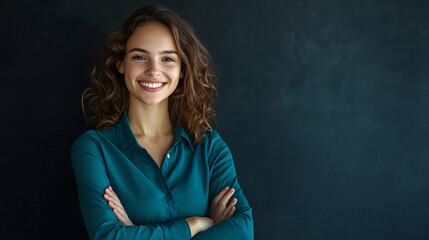 Obraz premium Confident and professional young businesswoman smiling with arms crossed in a portrait against a dark background