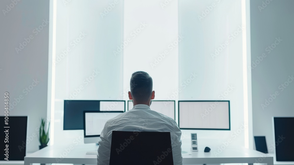 Poster a man sits at a sleek desk with several monitors in front of him, working in a bright, futuristic of