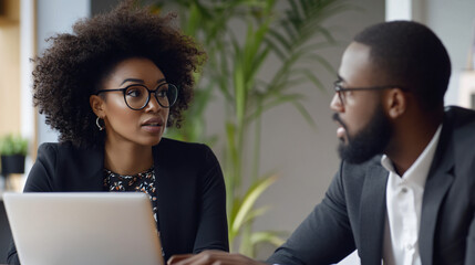 Two coworkers are engaged in an office conversation, utilizing a laptop to analyze data