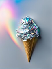 A whimsical ice cream cone topped with crumpled holographic foil, creating a surreal effect.