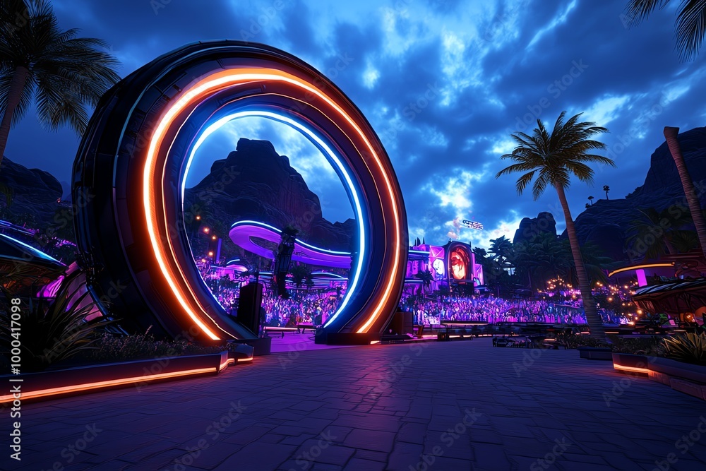Poster digital 3d rendering of a futuristic music festival, where virtual stages, performers, and interacti