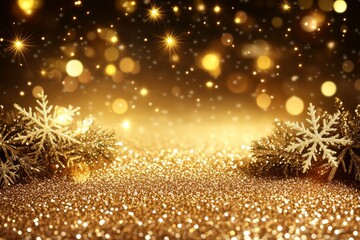 Fototapeta premium Sparkling golden snowflakes and ornaments resting on a glowing surface symbolizing festive holiday warmth elegant winter decor and peaceful seasonal celebration