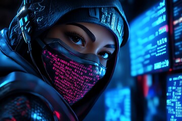 Digital identity thief wearing a mask, blending into a background of numbers, code, and personal information being stolen from screens in a dark, cyberpunk-style room