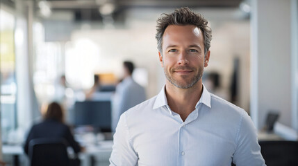 Fototapeta premium Confident mature businessman smiles with his team working in a modern, brightly lit office