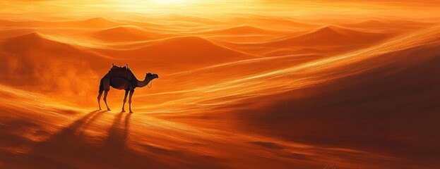 Camel in Sandstorm with Intense Golden Light and Desert Dunes