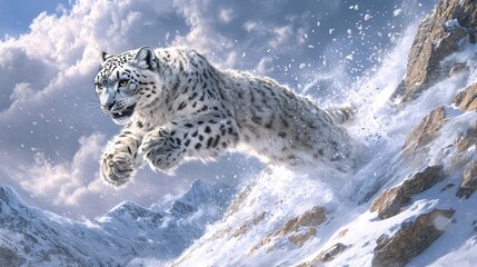 Fototapeta premium Snow Leopard Leaping Over a Snowy Mountain Slope in Winter Scene