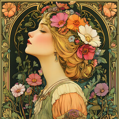 Portrait of a young woman, Art Nouveau style - Generative AI