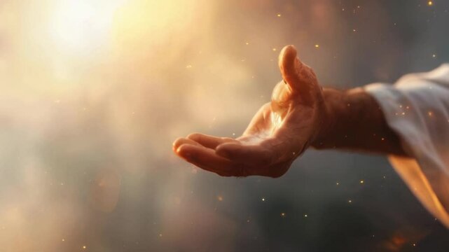 Jesus Christ giving his arm, hand gestures of Jesus dying on the cross and resurrected,