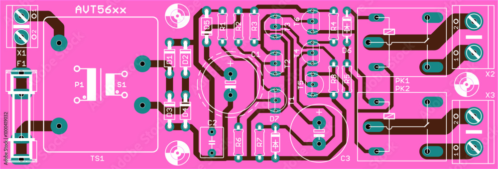 Poster vector printed circuit board of electronic device with components of radio elements, conductors and 