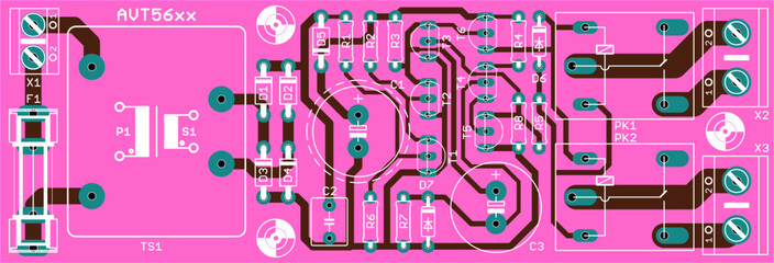 Vector printed circuit board of electronic 
device with components of radio elements, 
conductors and contact pads placed on pcb. 
Engineering technical drawing.
Computer technic cad design.
