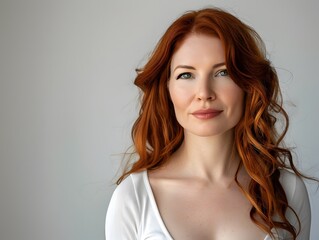 Naklejka premium Portrait of mature beautiful woman with red hairstyle on white background