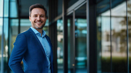 Man in a navy suit is grinning in front of a glass-fronted office building