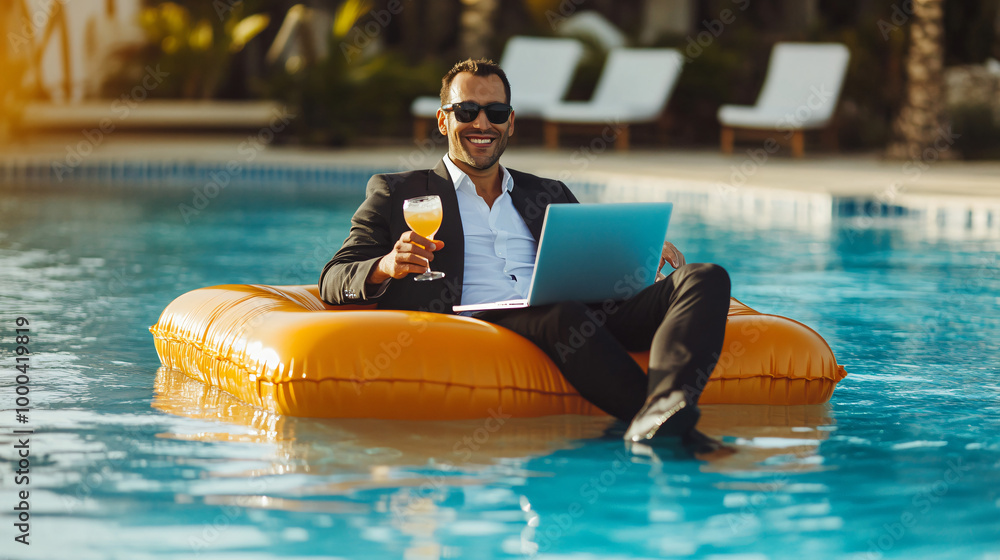 Leinwandbilder Man is working remotely from the pool, sipping a cocktail and using his laptop on an inflatable mattress