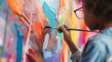 Closeup of African boy painting on canvas with vibrant colors, creative childhood activity