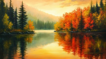 Fototapeta premium Autumnal Forest Reflecting in a Calm Lake at Sunset