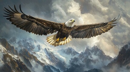 Obraz premium Bald Eagle Soaring Above Snowy Mountains