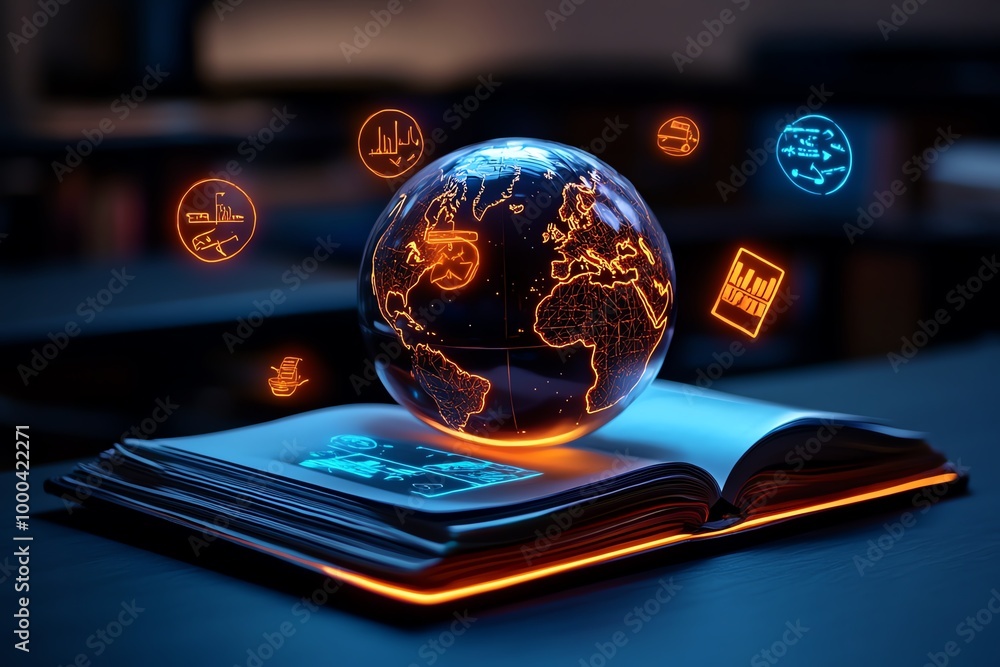 Poster enchanted classroom with a glowing globe and magical diagrams, where teaching materials float in the