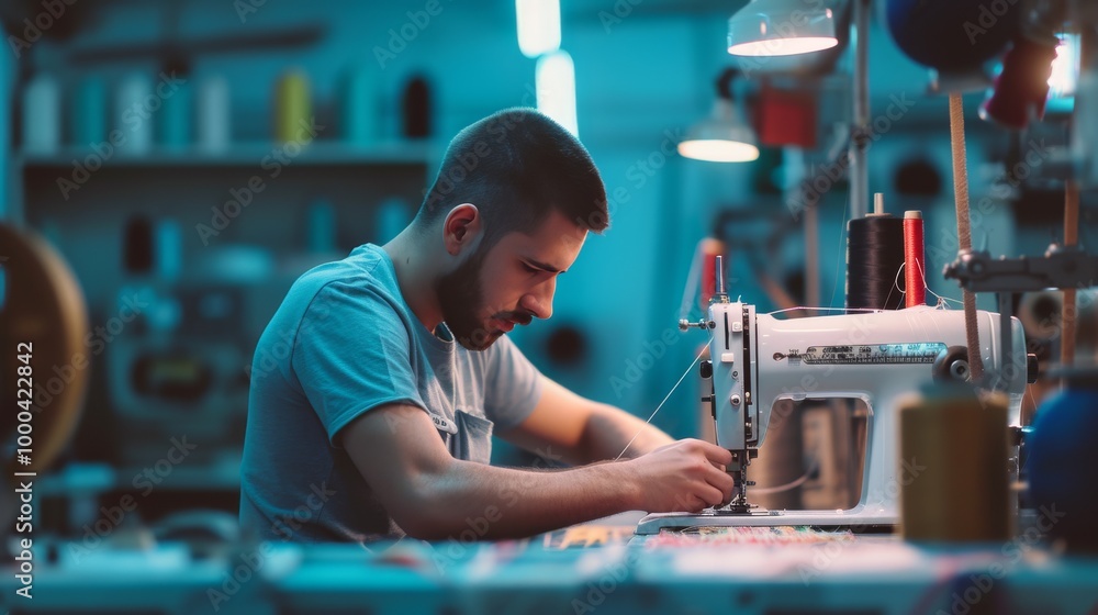 Aufkleber a young man concentrates intently while working on a sewing machine in a dimly lit workshop. the atm