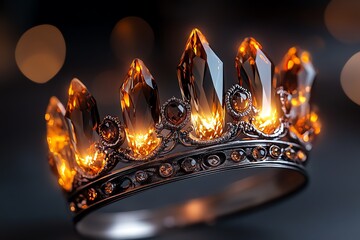 Enchanted crown made of silver and enchanted crystals, worn by a mythical queen, with glowing light emanating from the gems, symbolizing magical power