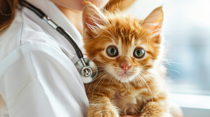 Woman is holding a kitten in her arms. The kitten has a blue eye and a black nose. The woman is wearing a blue shirt and a stethoscope around her neck
