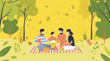 Fototapeta premium A colorful illustration of a family wearing protective masks while enjoying a picnic in a lush park. Vibrant yellow and green tones dominate the scene, with leaves gently falling, emphasizing safety