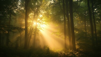 Obraz premium Sunbeams Illuminating a Misty Forest