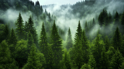 Serene forest landscape with towering pine trees enveloped in mystical morning mist, creating a tranquil and ethereal atmosphere in the mountains, featuring dense green foliage and soft diffused light