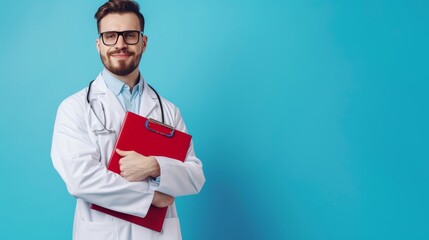 A confident male doctor wearing glasses, a white coat, and a stethoscope stands smiling while holding a clipboard. Set against a bright blue background, the image exudes professionalism and