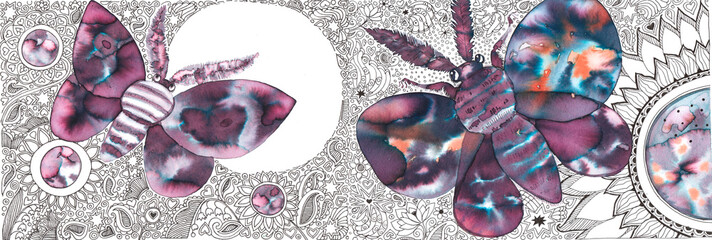 Night butterflies, moon and flowers drawn with multi-colored ink on a background of small graphic patterns, hand drawing for graphic design, for image on a mug.