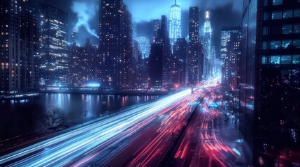 Nighttime View of Cityscape with Traffic Light Trails and Reflections in Water